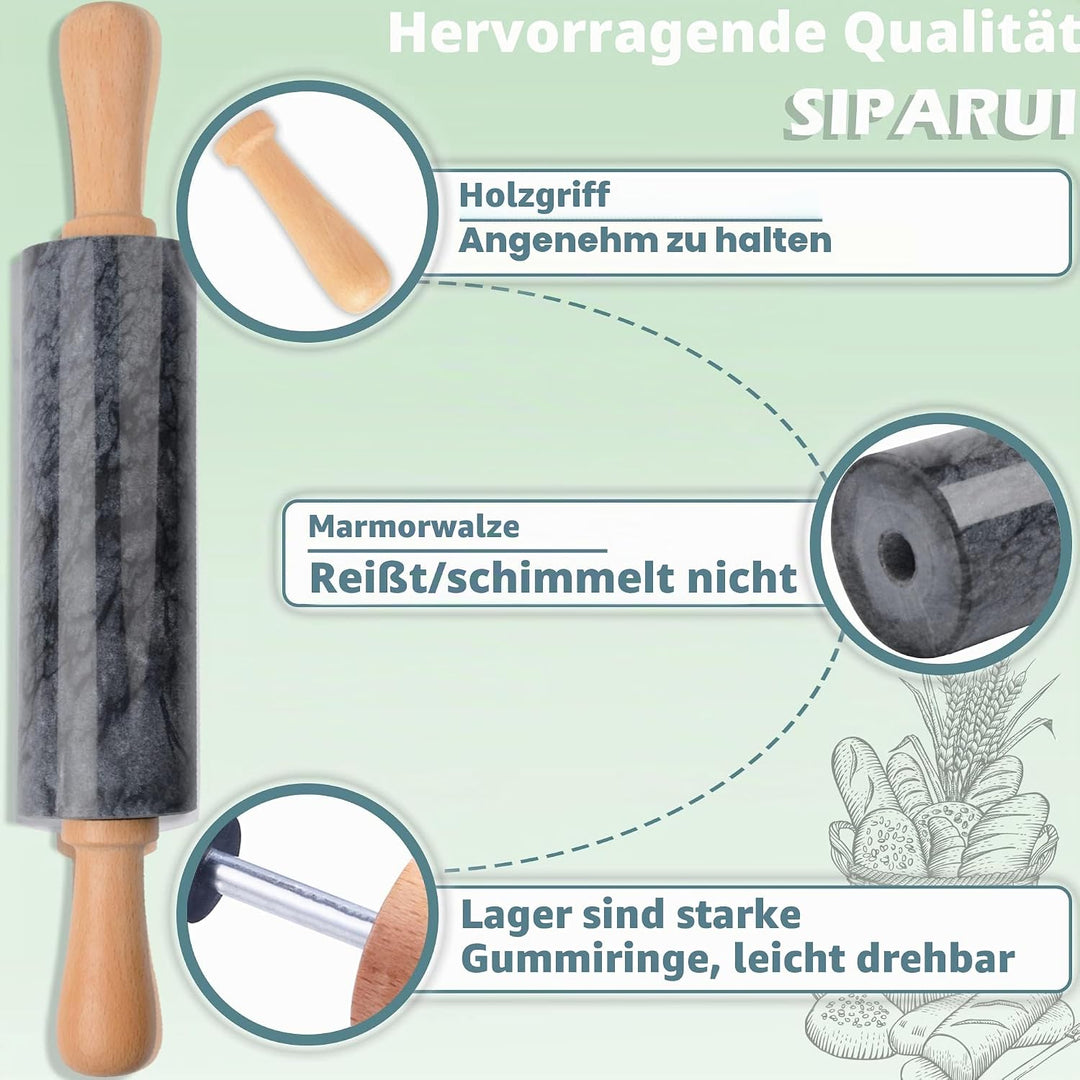 Marmor-Nudelholz mit Holzwiege, dicker Griff, Set zum Backen, 47 cm, hochwertige polierte Walze für