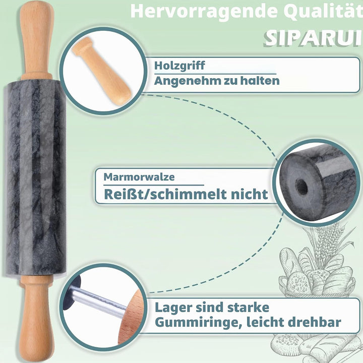 Marmor-Nudelholz mit Holzwiege, dicker Griff, Set zum Backen, 47 cm, hochwertige polierte Walze für
