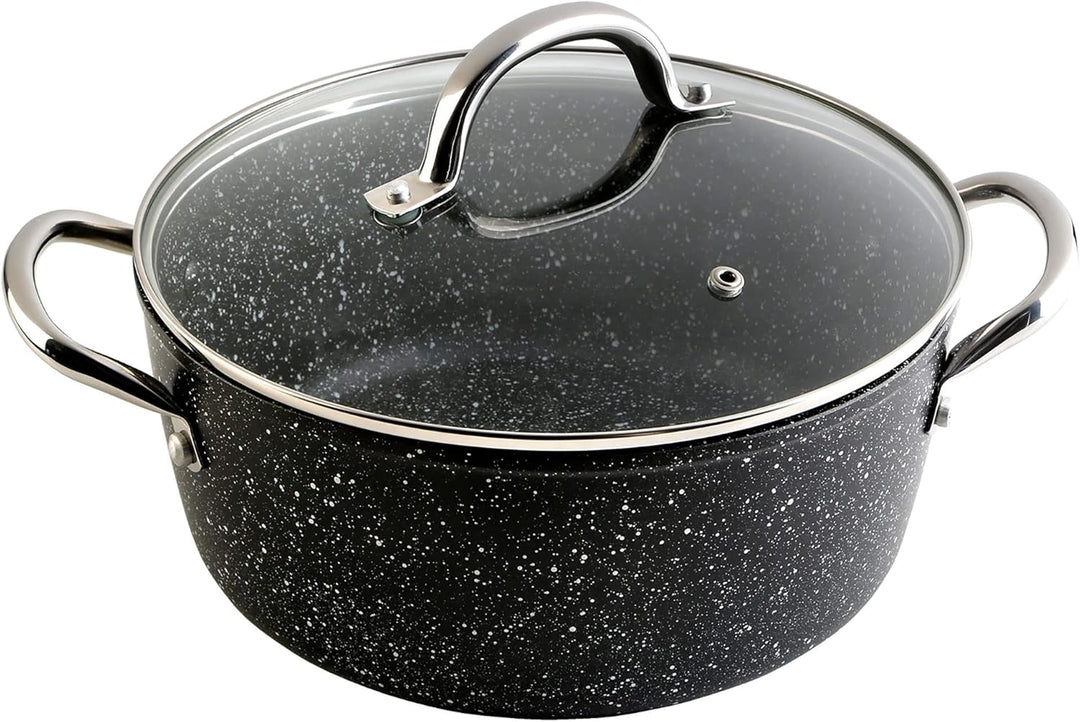 WECOOK! Granite Cazuela Alta Inducción Completa 24cm Tapa Vidrio, Aluminio Forjado 4,2 Litros, Antia
