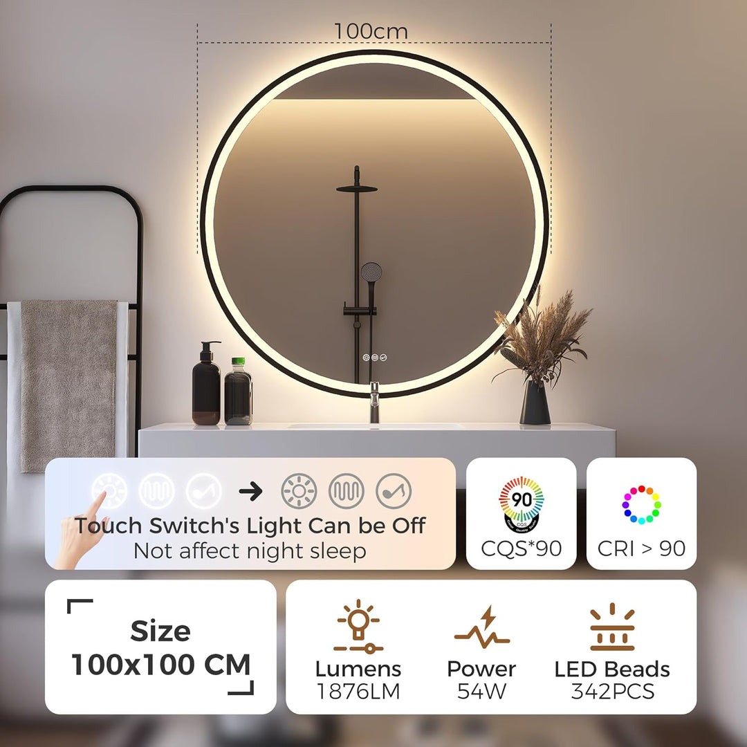 STARLEAD Badspiegel-Rund-mit-Beleuchtung 100cm Diameter, LED-Spiegel-Rund mit Bluetooth, Dimmbar, 3