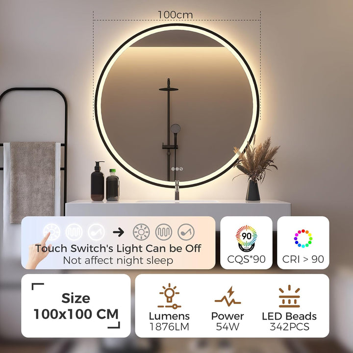 STARLEAD Badspiegel-Rund-mit-Beleuchtung 100cm Diameter, LED-Spiegel-Rund mit Bluetooth, Dimmbar, 3