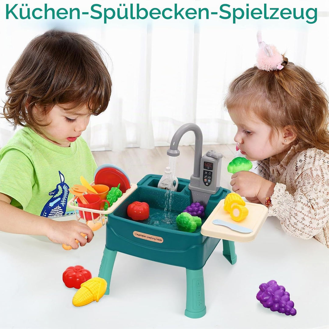 Kinder Geschirrspülbecken Spielzeug – Wasserspiel Küchenset mit Zirkulationswasserhahn, Gemüse &amp; Ges