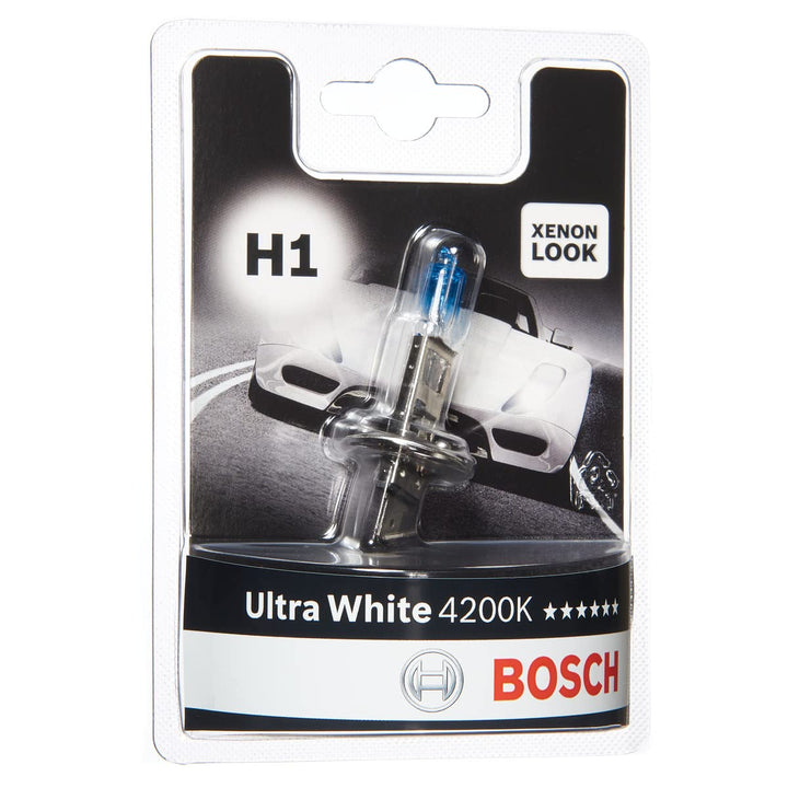 Bosch H1 Ultra White Halogen-Glühlampe für Auto-Scheinwerfer, 12 V 55 W, mit modernem weissem LED-Lo
