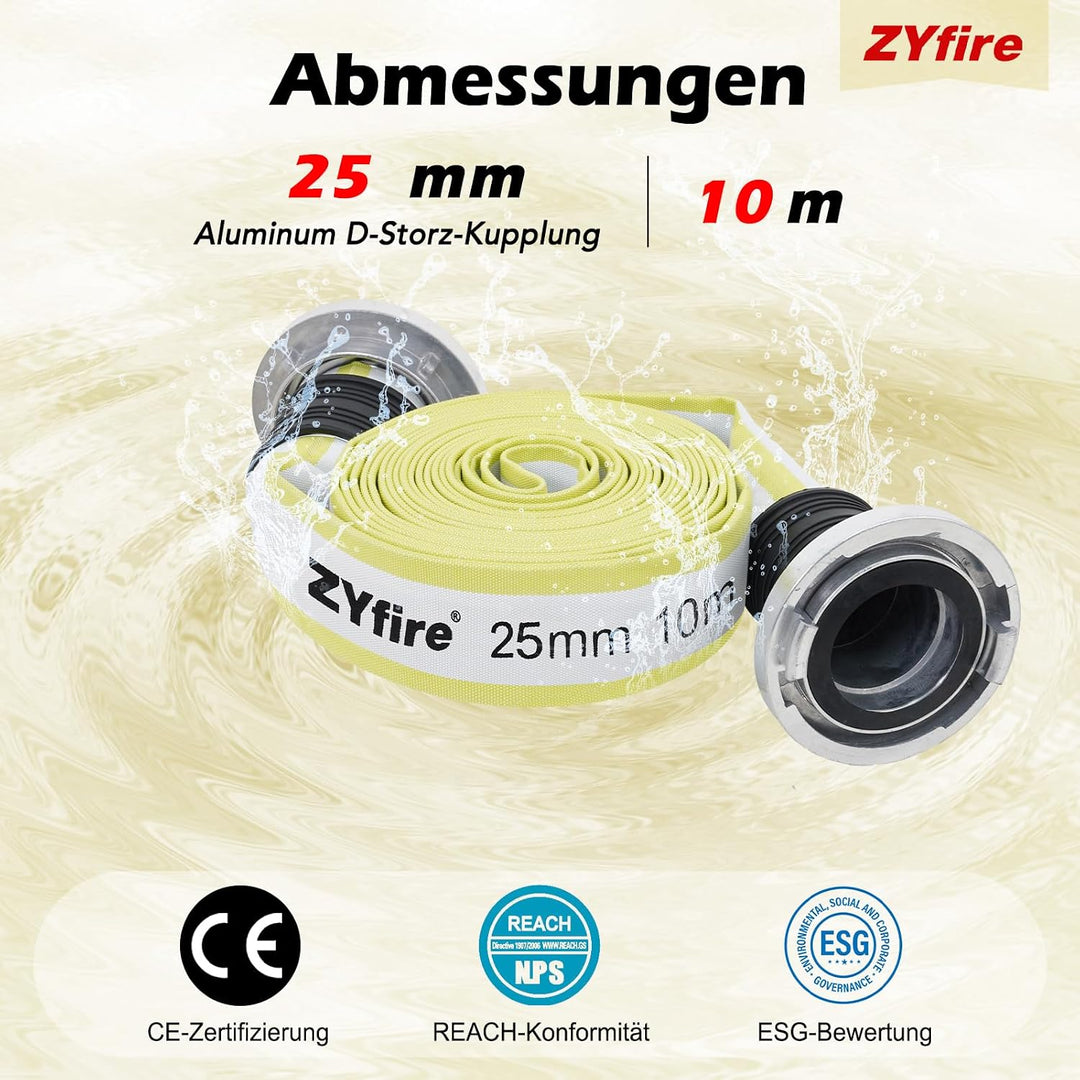 ZYfire Feuerwehrschlauch 25mm x 10m | 1 Zoll Schlauch mit D-Storz Kupplung | Flexibler Wasserschlauc