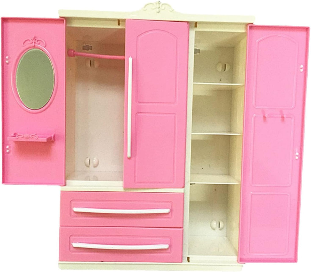 Milageto Puppengarderobe mit 10 Kleiderbügeln, Kleiderorganisation, Puppenhausdekoration, Schublade