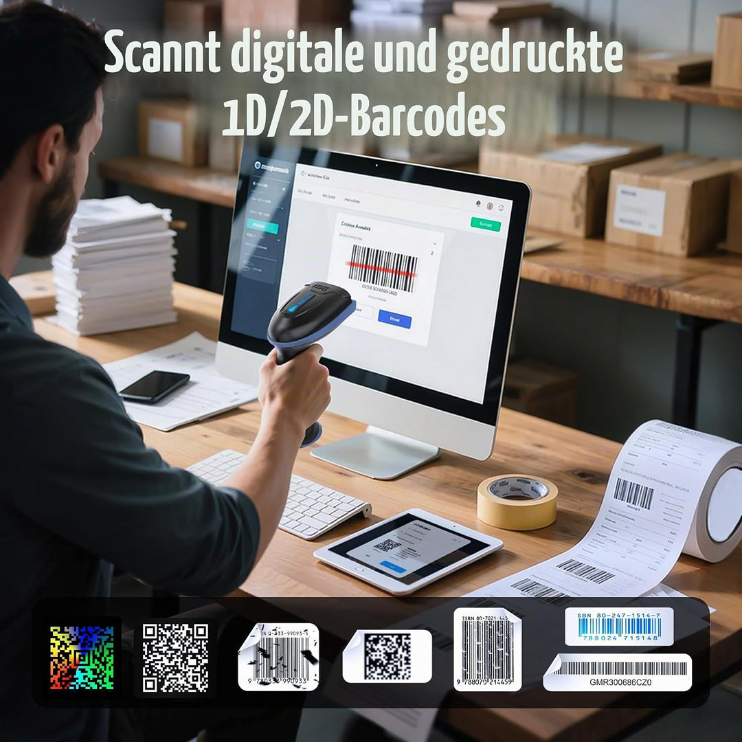 Tera Barcode-Leser kabellos und kabelgebunden mit Batteriestandsanzeige, Barcode-Scanner digital Bed