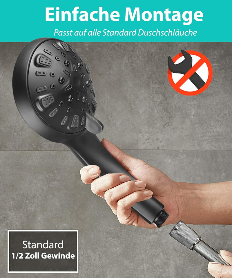 BLUMBACH ® Duschkopf schwarz wassersparend - Hochdruck Duschkopf Aqua Joy - 8 Strahlarten, Duschbrau