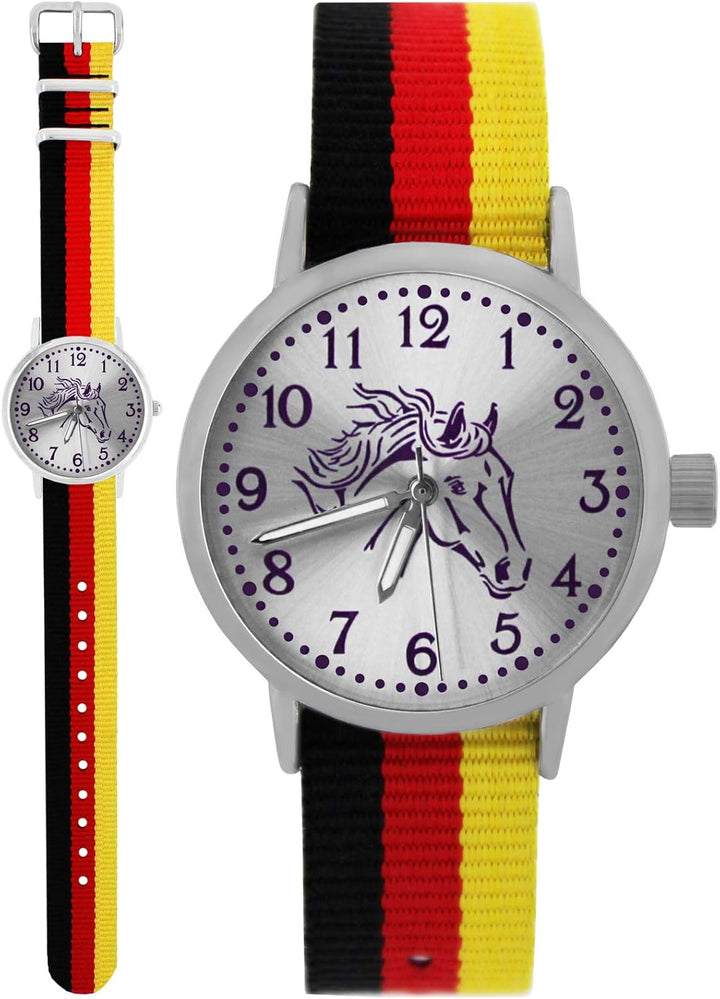 Pacific Time Mädchen Uhr Pferde analog Quarz mit Textil Wechselarmband Deutschland 10300