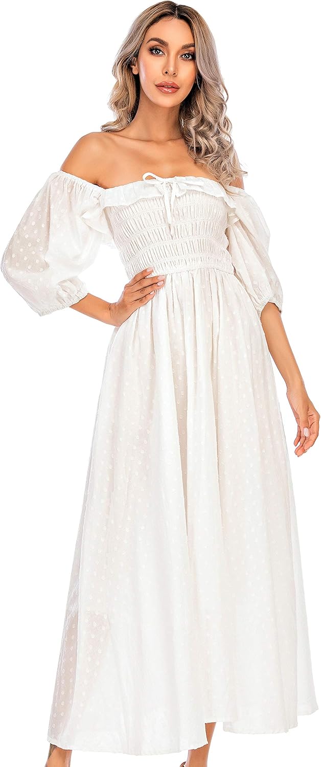 R.Vivimos Damen Polka Dot Slim Fit halbe Hülsenkleider Quadratischer Kragen Langes Midikleid S Weiss