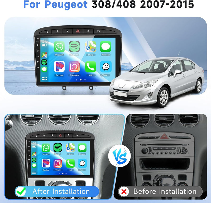 Podofo Carplay Autoradio Navi für Peugeot 308/408 2007-2013, Android 2G+64G HiFi, 9" Touchscreen And