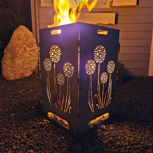 TiKo-Design® Feuerkorb/Feuertonne aus 3 mm Stahl mit Pusteblumen‑Laserung – 4‑Fach, stabil & mobil,