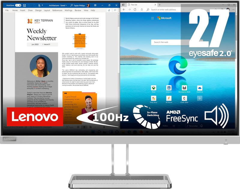 Lenovo L27i-40 | 27" Full HD Monitor | 1920x1080 | 100Hz | 300 nits | 4ms Reaktionszeit | HDMI | VGA