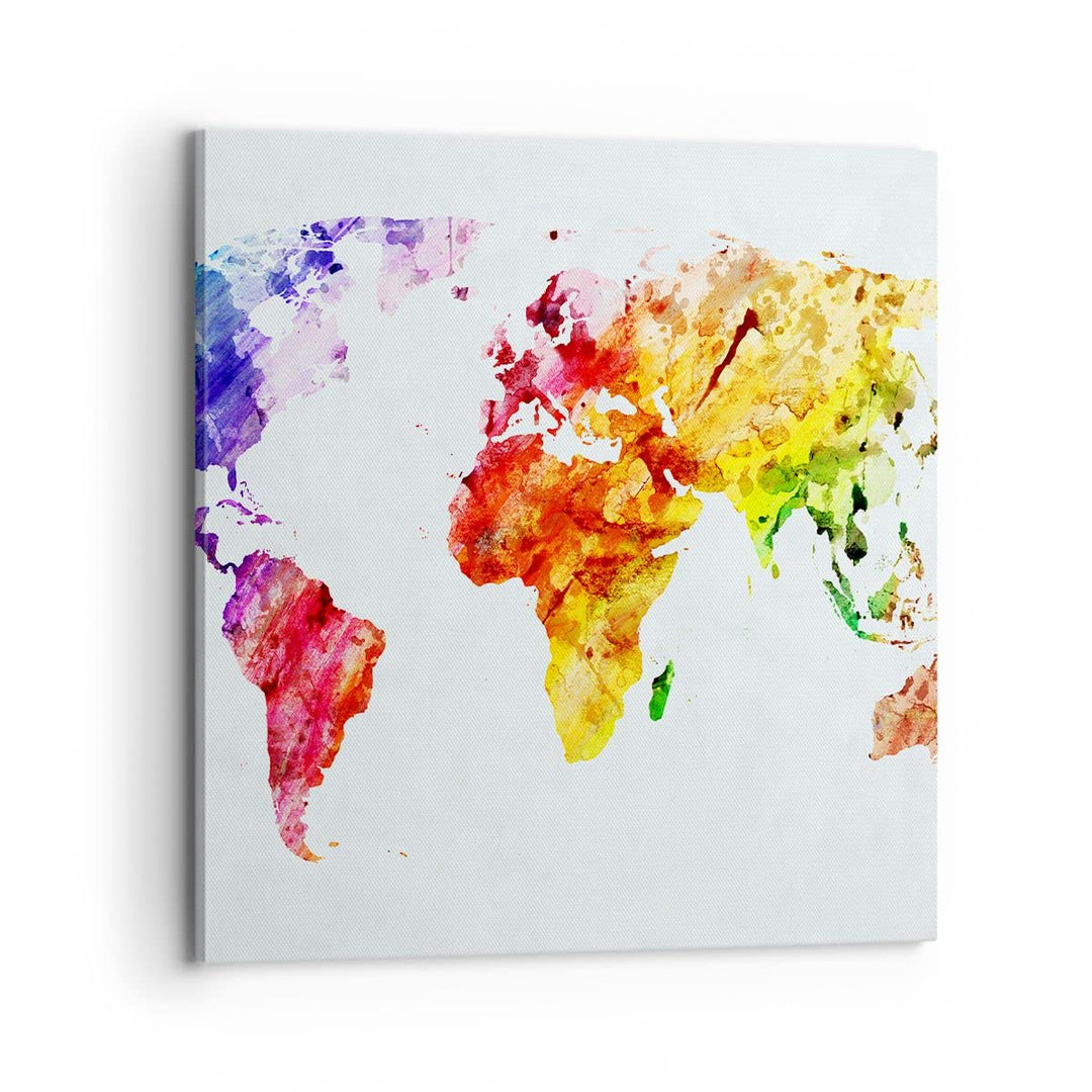 Bilder auf Leinwand 70x70cm Leinwandbild Welt Karte Bunt Kontinente Gross Wanddeko Bild Schlafzimmer