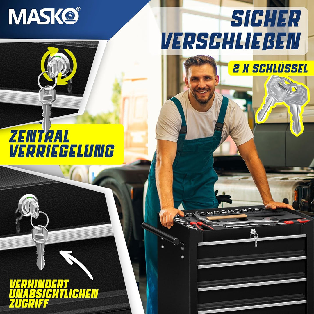 Masko® Werkstattwagen - 5 Schubladen, schwarz ✓ Abschliessbar ✓ Massives Metall | Mobiler Werkzeug-W
