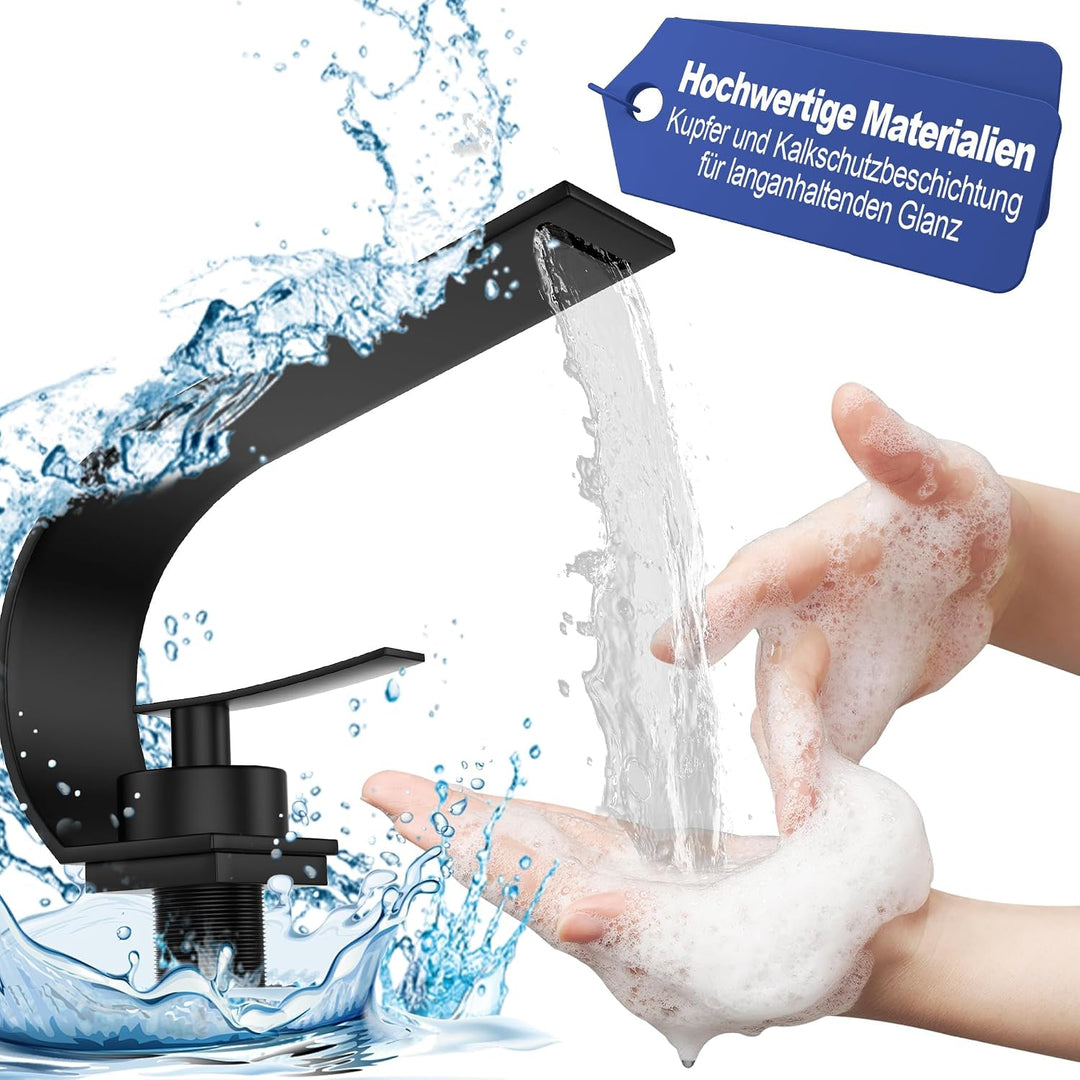 UISEBRT Schwarz Wasserfall Wasserhahn Bad, Modern Messing Waschtischarmatur,Einhandmischer mit Kalt