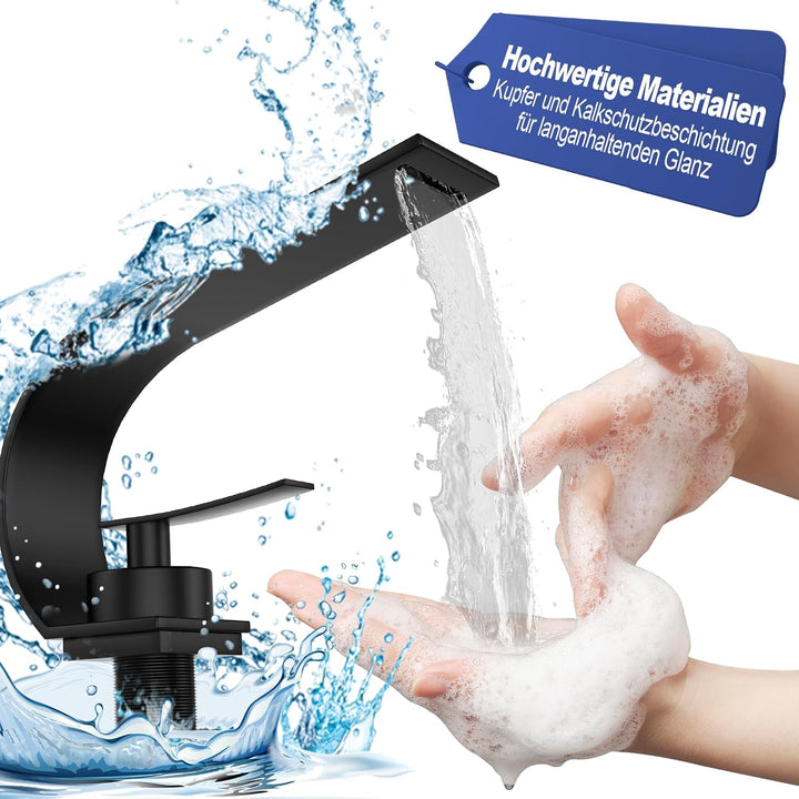 UISEBRT Schwarz Wasserfall Wasserhahn Bad, Modern Messing Waschtischarmatur,Einhandmischer mit Kalt