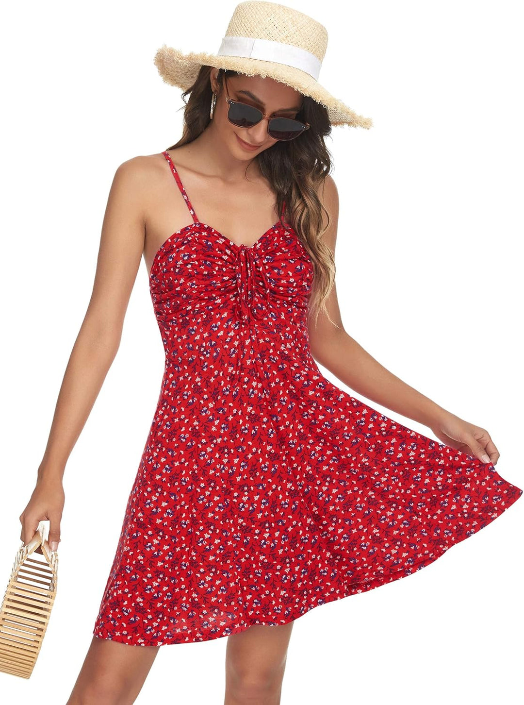 Missufe Damen Sommerkleid Swing Blumenkleid Freizeitkleid Spaghettiträger Cami Kleider XS Rot, XS Ro