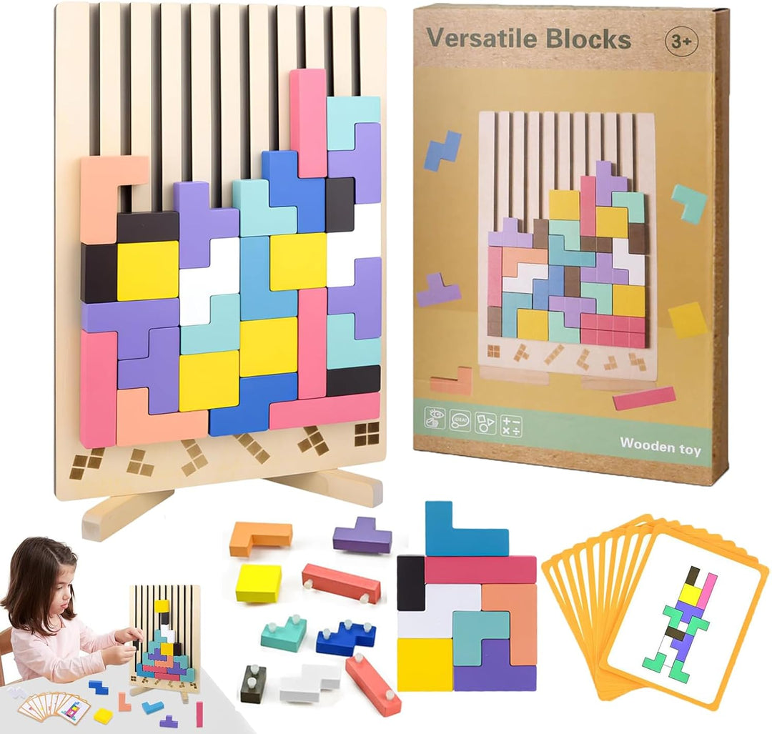 Tetris Holzpuzzle Kinder, Holz Tetris Stapelpuzzle Spielzeug mit 10 Karten, 3D Bunt Tetris Blöcke St