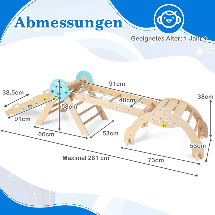 COSTWAY Klettergerüst Indoor 4er Set, klappabres Kletterdreieck mit Rutsche, Kletterbogen, Netz, ink
