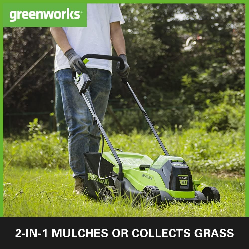 Greenworks Elektro-Rasenmäher 24V 33cm 30L Grasfangbox und Kabelloser Rasentrimmer 25cm automatische