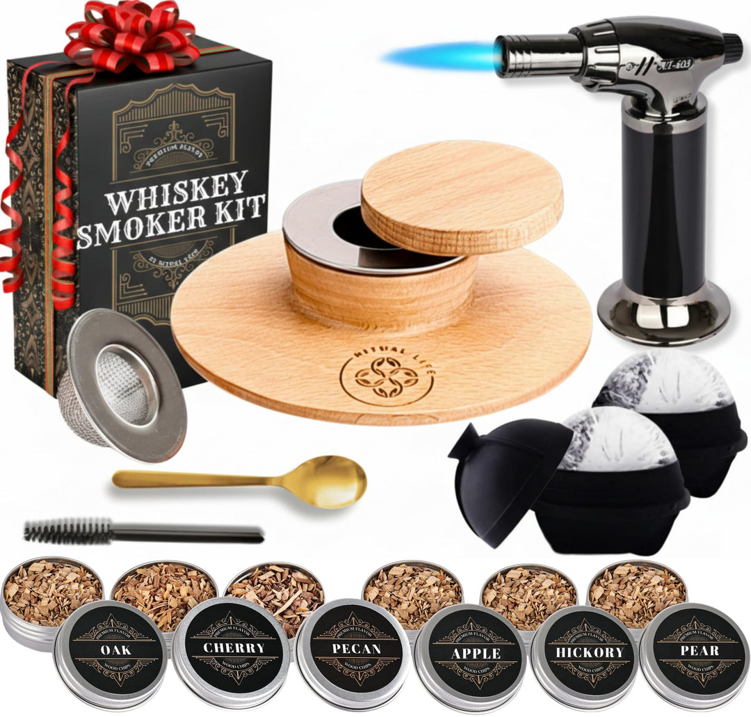 Cocktail-Räucher-Kit – Whiskey Bourbon Drink Smoker mit Taschenlampe, Custom Top, 2 Eiskugel-Maker,