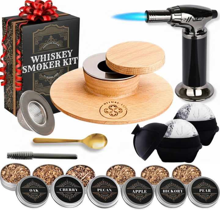 Cocktail-Räucher-Kit – Whiskey Bourbon Drink Smoker mit Taschenlampe, Custom Top, 2 Eiskugel-Maker,