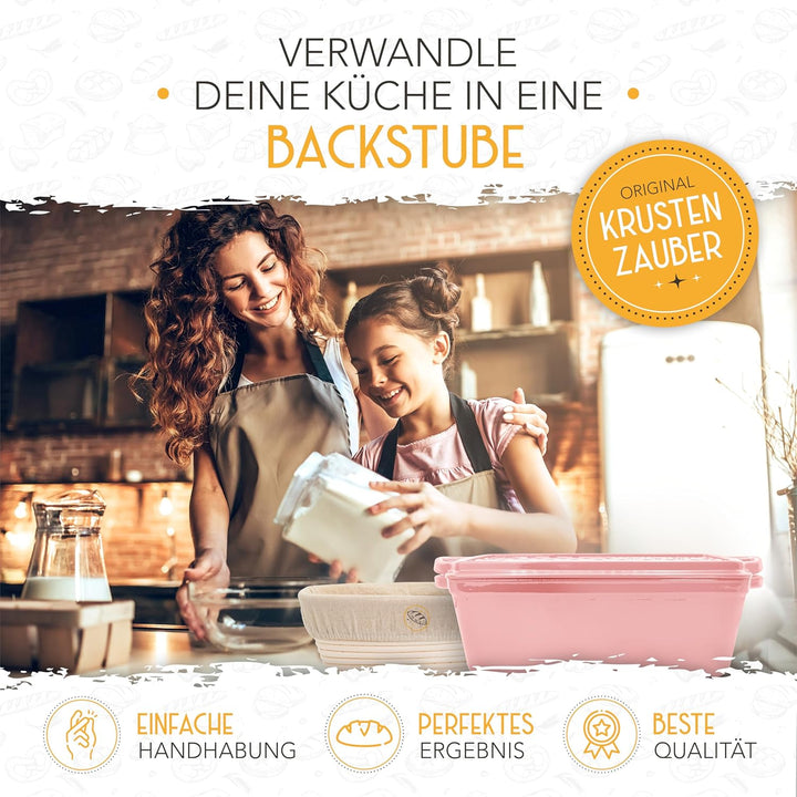 KRUSTENZAUBER Emaille Brotbackfrom mit Deckel inkl. Gärkorb - Robuste 28cm Backform aus Gusseisen -
