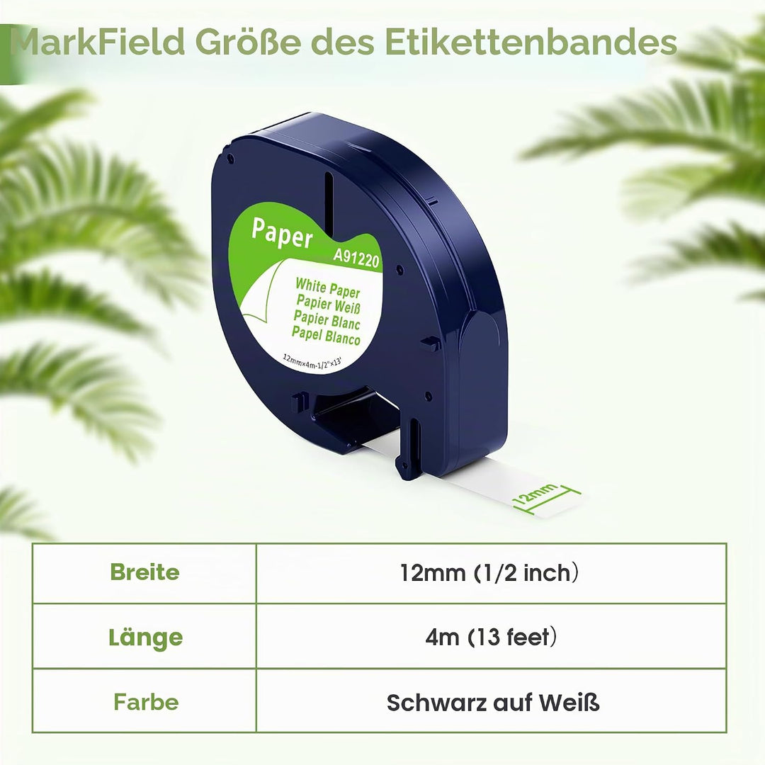 10 Packung MarkField Kompatibel mit Dymo Letratag Papier Etikettenband 12mm x 4m, Kompatibel mit Dym