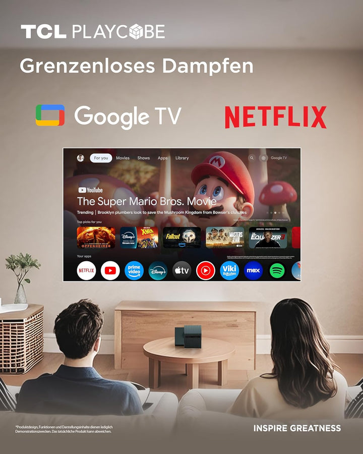 TCL PlayCube DLP Mini Beamer 4K mit Akku, 750 ISO Lumen, Offizielles Google TV (APV/Netflix/Disney),