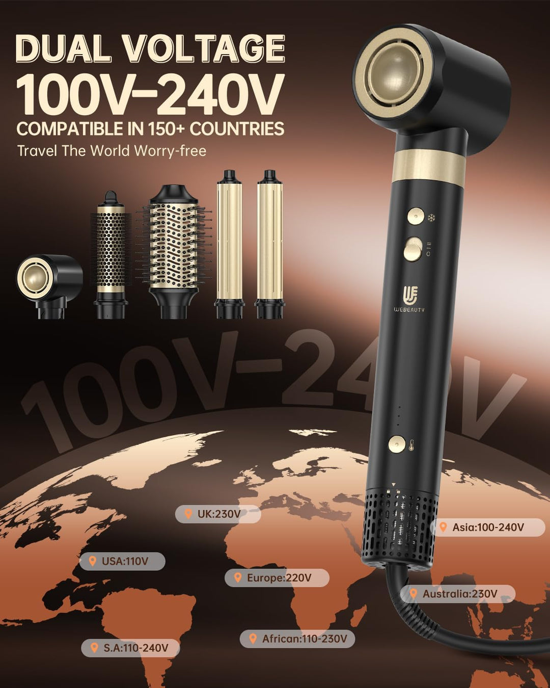 webeauty [Dual Voltage] 6in1 Airstyler Neues Upgrade,110,000U/Min, 30M/S, 500 Millionen Negative Ion