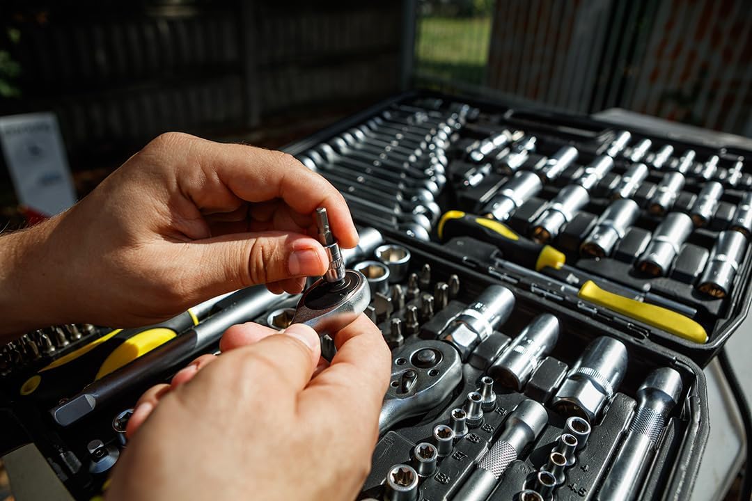 TOPEX Werkzeugkoffer 219-tlg: 1/2", 3/8", 1/4" Nüsse, Ratschen, Bits, Knarrenkasten, Für Kfz, Werkst