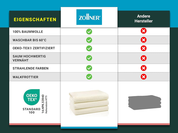 ZOLLNER 3er Set Duschtücher, Badehandtücher, 70x140 cm, Baumwolle, Creme 3x Duschtücher Creme, 3x Du