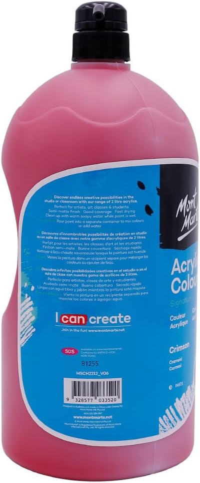 Mont Marte Discovery School Acrylfarbe, karminrot, 2 Liter, ideal für Studenten und Künstler, hervor