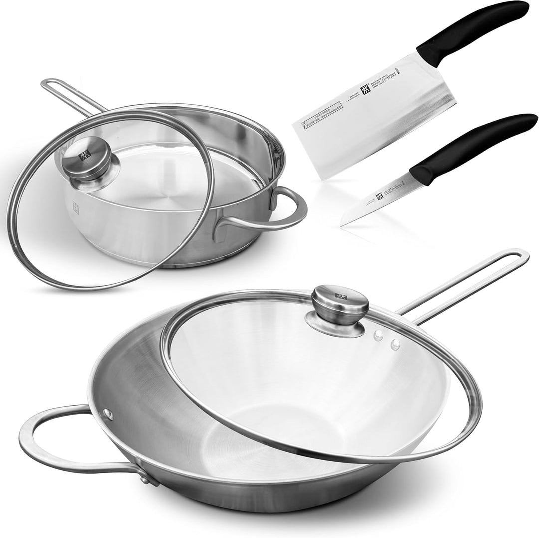 Zwilling TwinNova3 Wokpfanne 30cm + Schmorpfanne 24 cm + 2x Glasdeckel + 2 Küchenmesser, 6 tlg, Wok