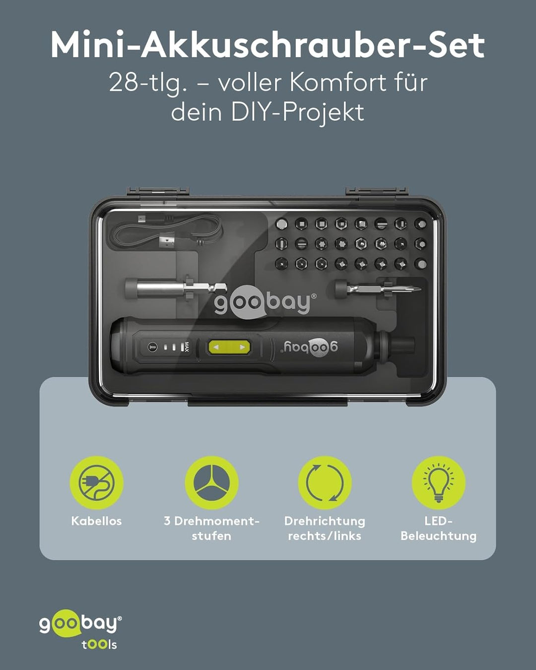 goobay Mini-Akkuschrauber-Set 28 teilig - 24 Bits, 1 Verlängerung, 1 Halterung und 1 Adapter aus Chr