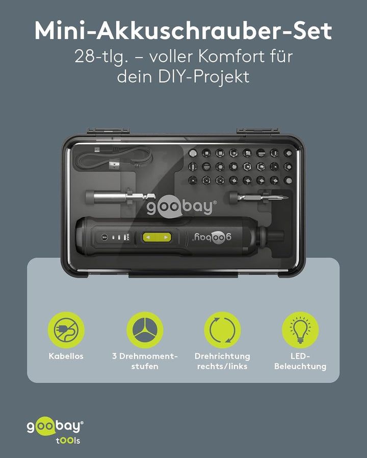 goobay Mini-Akkuschrauber-Set 28 teilig - 24 Bits, 1 Verlängerung, 1 Halterung und 1 Adapter aus Chr