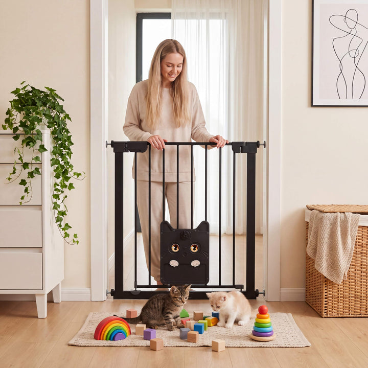 NAIZY Treppenschutzgitter mit katzenklappe 180°Doppeltür Ohne Bohren Schutzgitter Treppe 75-85cm Aut