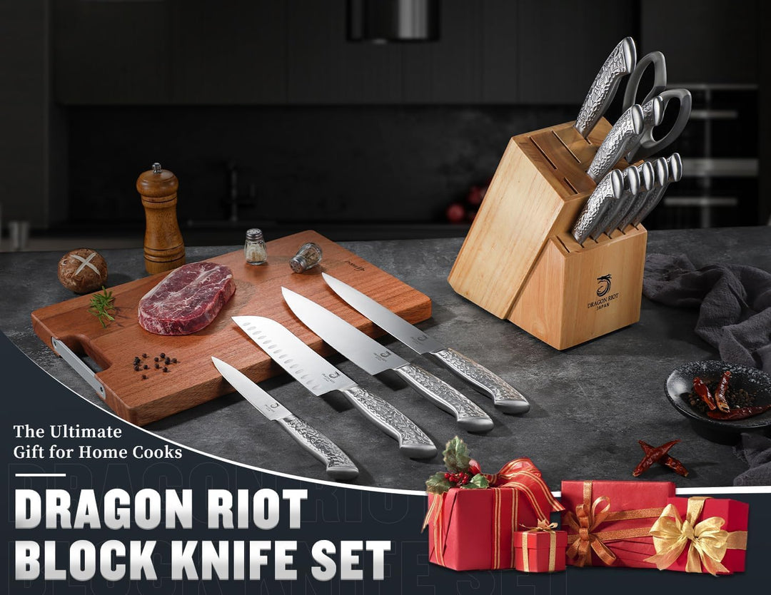 DRAGON RIOT Messerset mit Block - 14-TLG Selbstschärfender Messerblock, Profi Japanisches Edelstahl