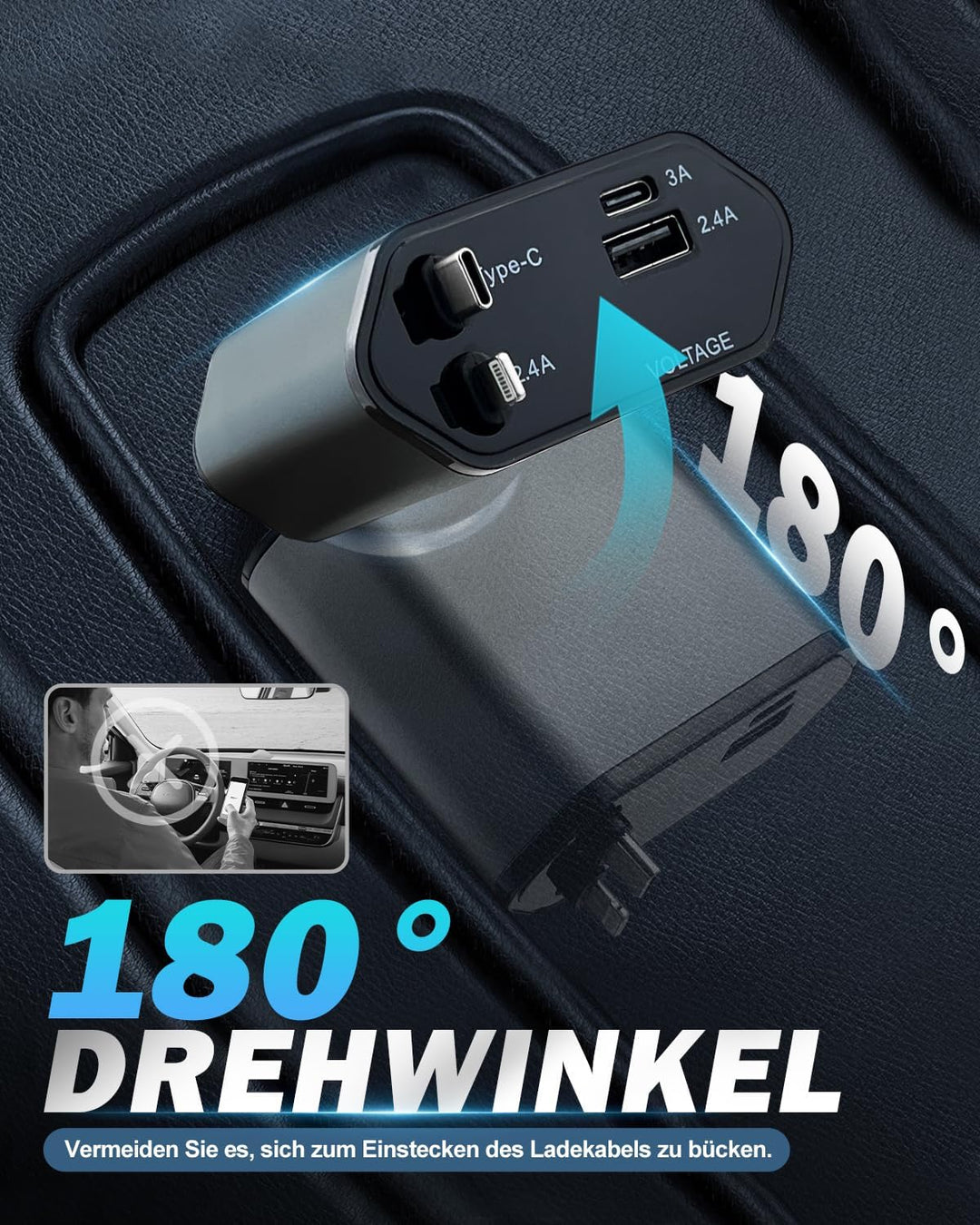 4 in 1 Zigarettenanzünder USB C 66W, Auto Ladegerät Adapter Kfz mit einziehbare Typ-C Kabel/USB C/US