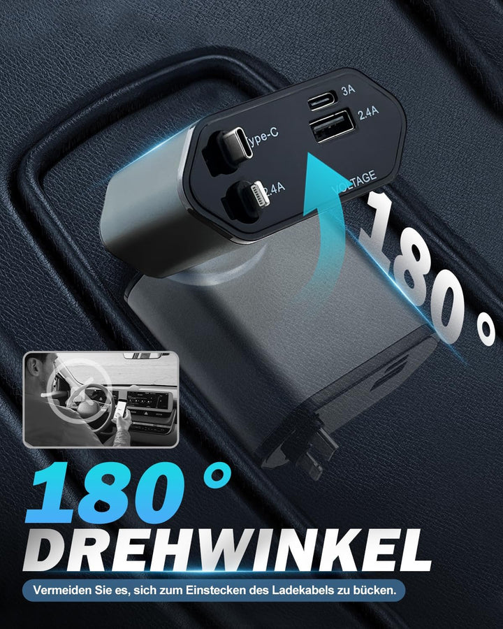 4 in 1 Zigarettenanzünder USB C 66W, Auto Ladegerät Adapter Kfz mit einziehbare Typ-C Kabel/USB C/US