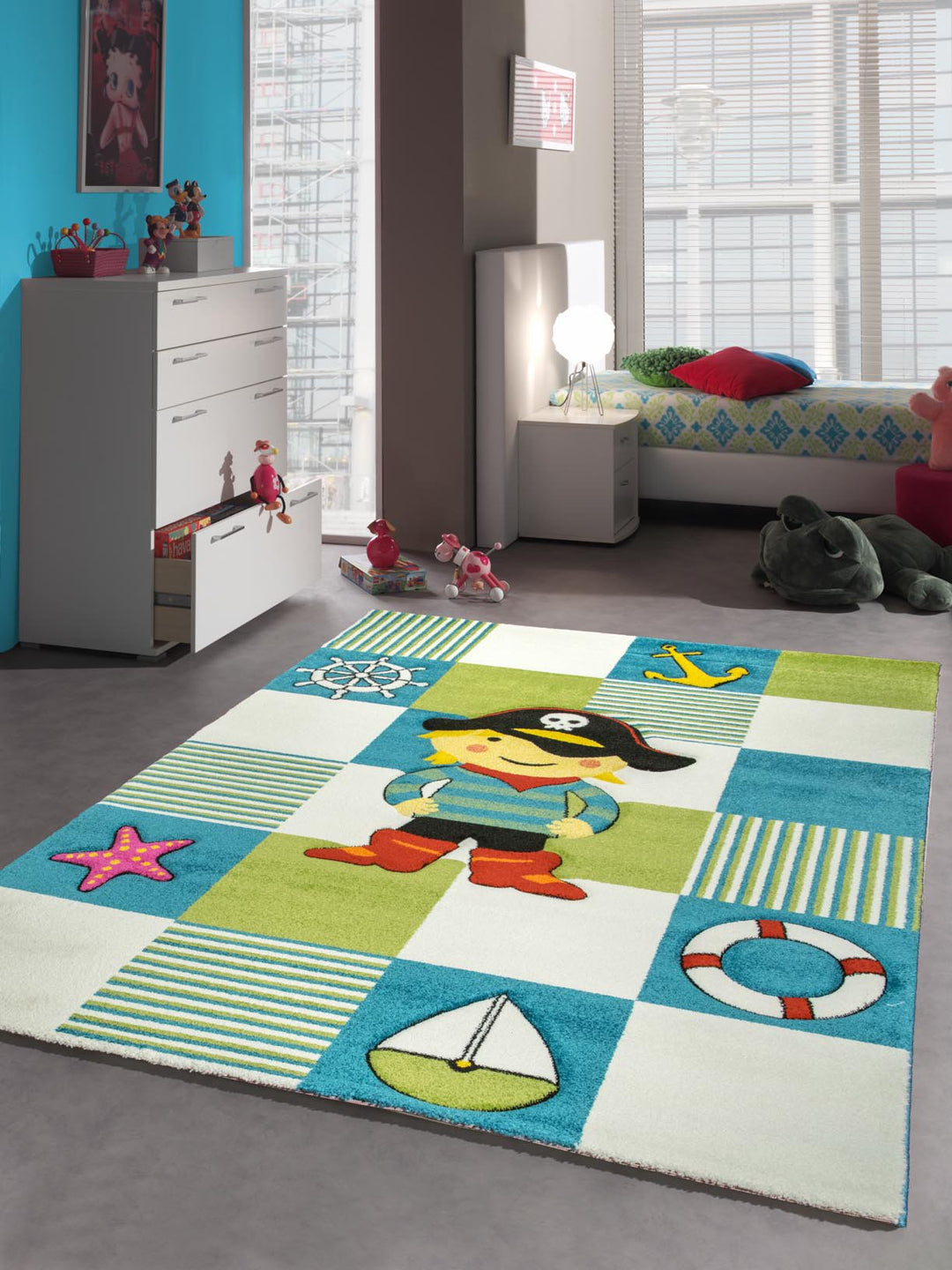 CARPETIA KINDERTEPPICH SPIELTEPPICH Pirat TÜRKIS BLAU Creme Grösse 120 cm Rund, 120 cm Rund