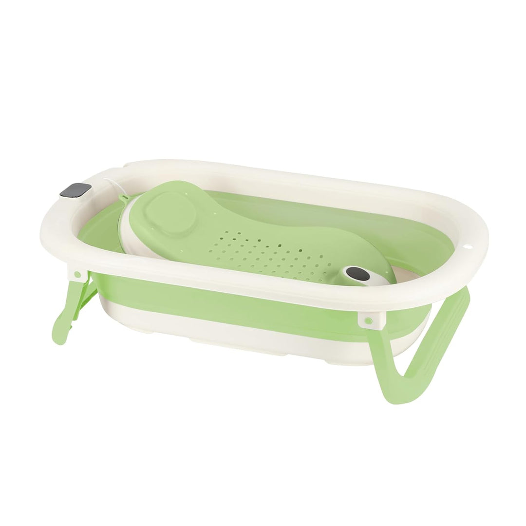 Faltbare Babybadewanne mit Ablaufstopfen &amp; Temperaturanzeige &amp; Sitzkissen, Ultra kompakt – rutschfes