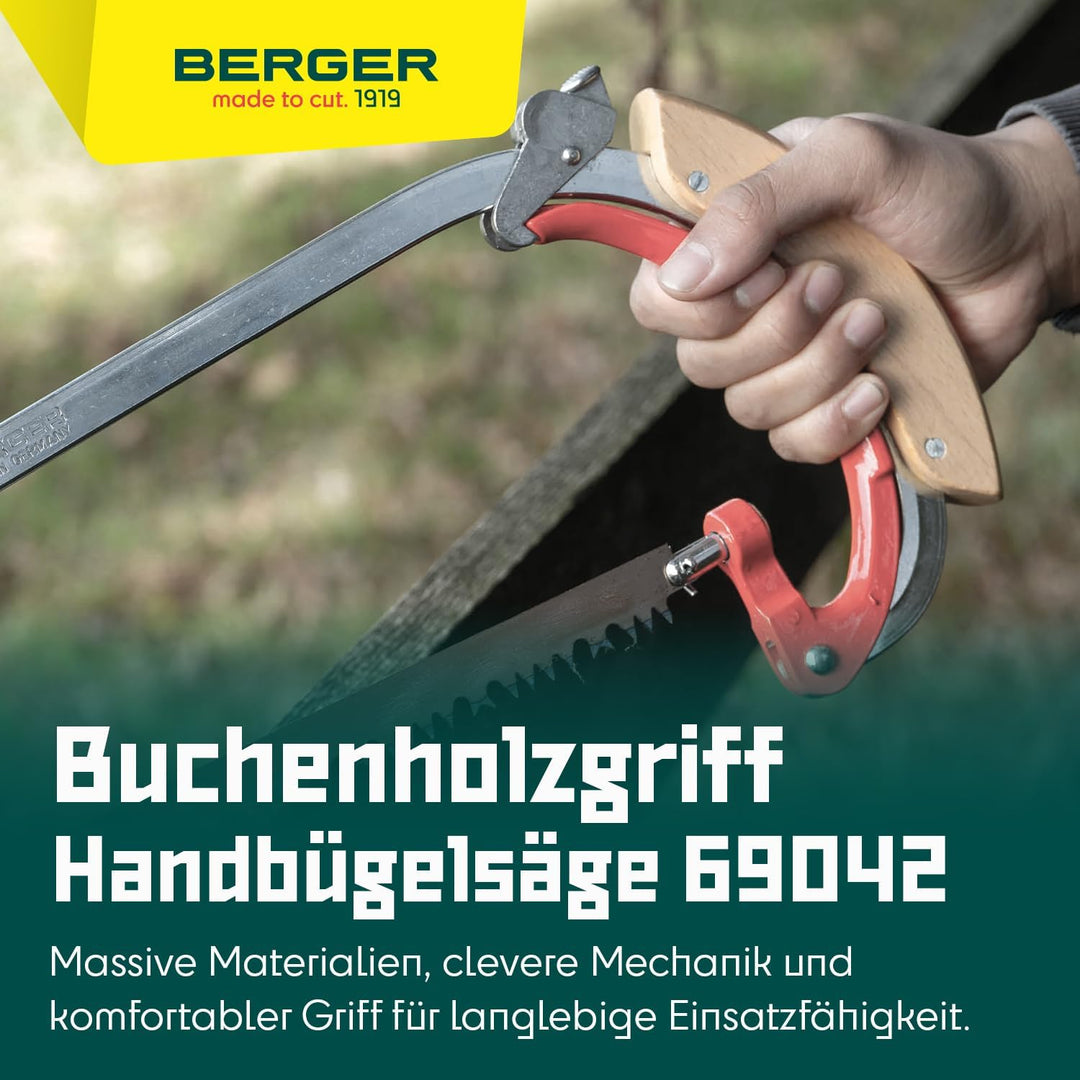 Berger Handbügelsäge 69042 mit Buchenholzgriff und stufenlos drehbarem Sägeblatt, Länge 35 cm Bügels
