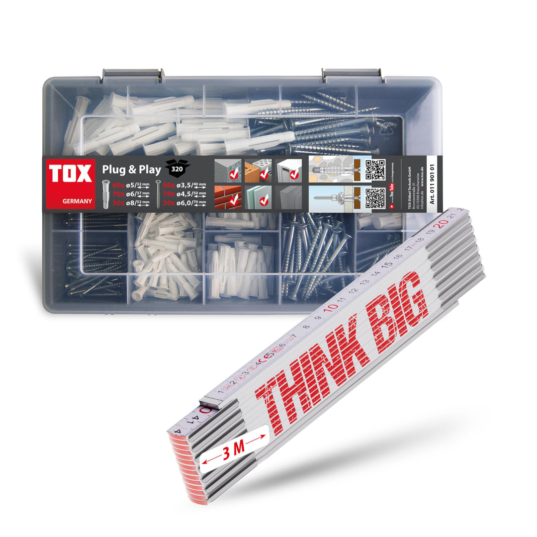 TOX Sortimentskoffer Plug & Play (320-tlg.) + THINK BIG 3m Zollstock, Dübelset inkl. Schrauben + Met