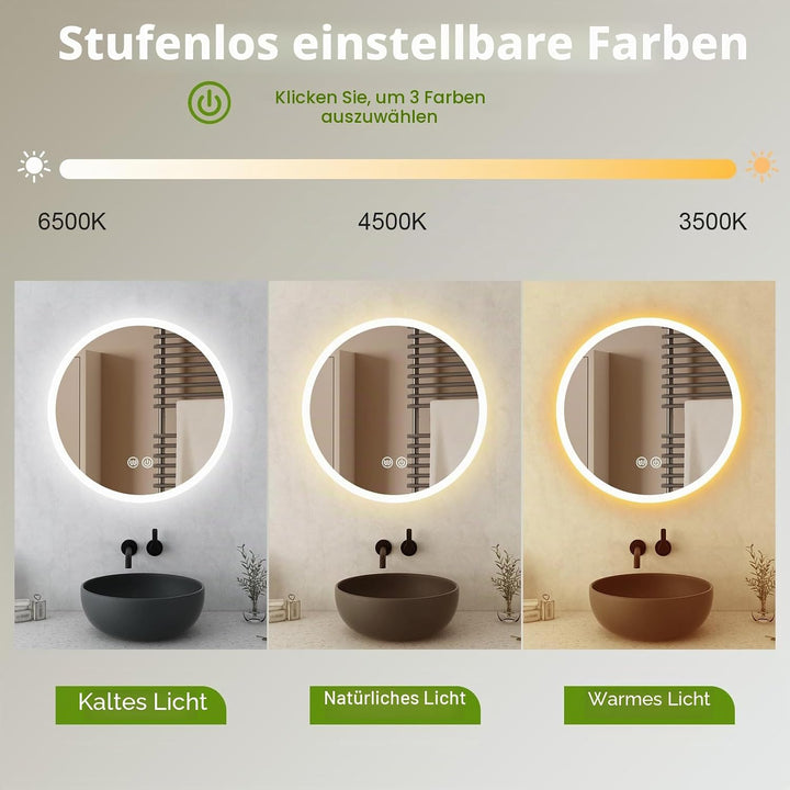 Youyijia Spiegel LED-Badspiegel Rund 70cm Mit Beleuchtung, Touch-Schalter, Dimmbar, 3 Lichtfarben, B