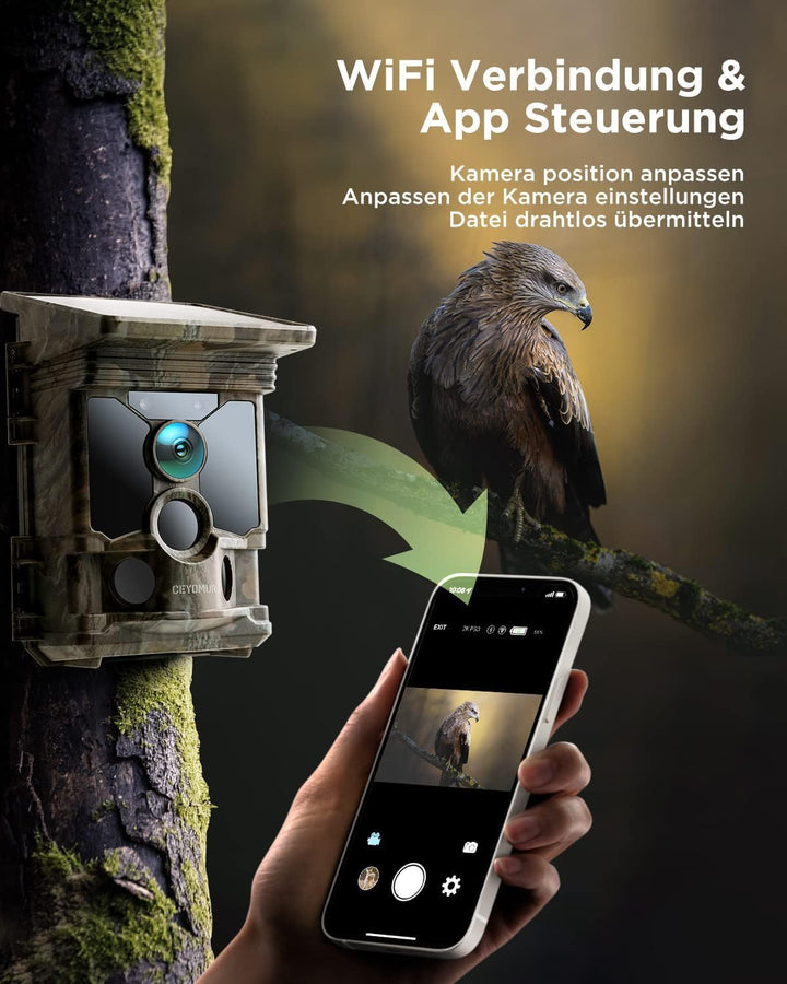 CEYOMUR Solar Wildkamera mit Handyübertragung App, 4K 68MP UHD Wildkamera WLAN mit 5200mAh Akku, Wil