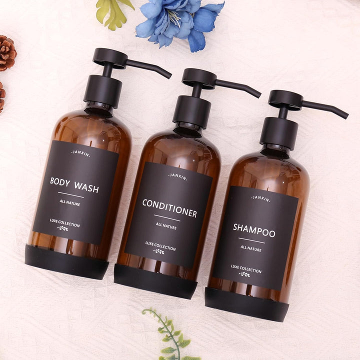 Janxin Shampoo- und Spülungsspender, Set mit 3 nachfüllbaren 600 ml Shampoo-Flaschen mit rutschfeste