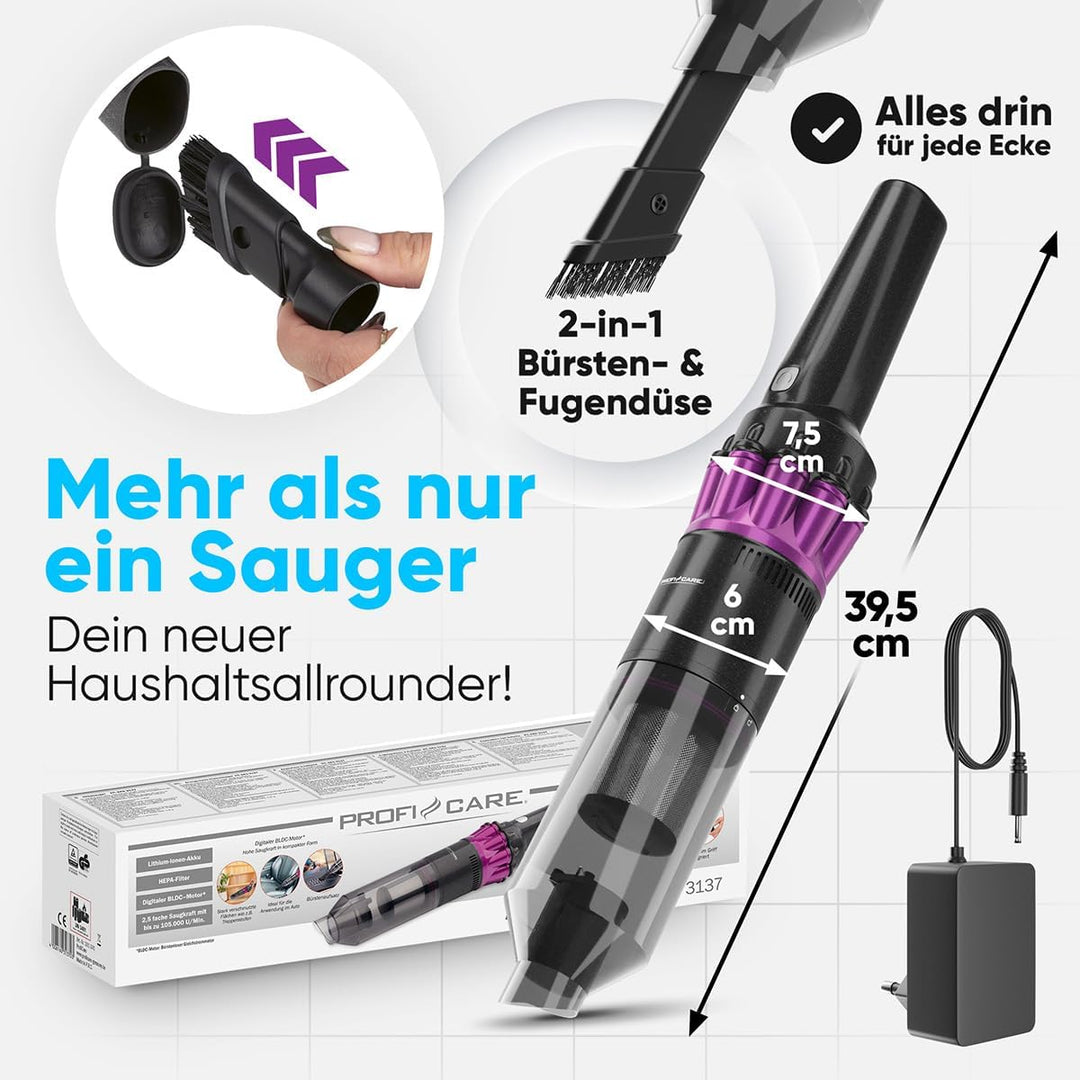 ProfiCare® Handstaubsauger Akku | starker BLDC-Motor | 2200mAh Akku | leicht und handlich | beutello