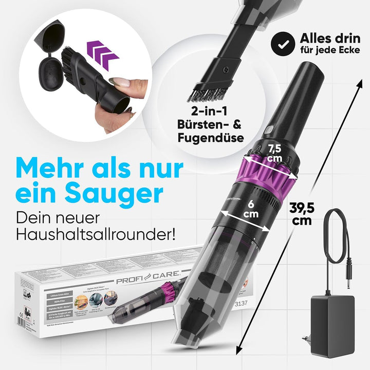 ProfiCare® Handstaubsauger Akku | starker BLDC-Motor | 2200mAh Akku | leicht und handlich | beutello