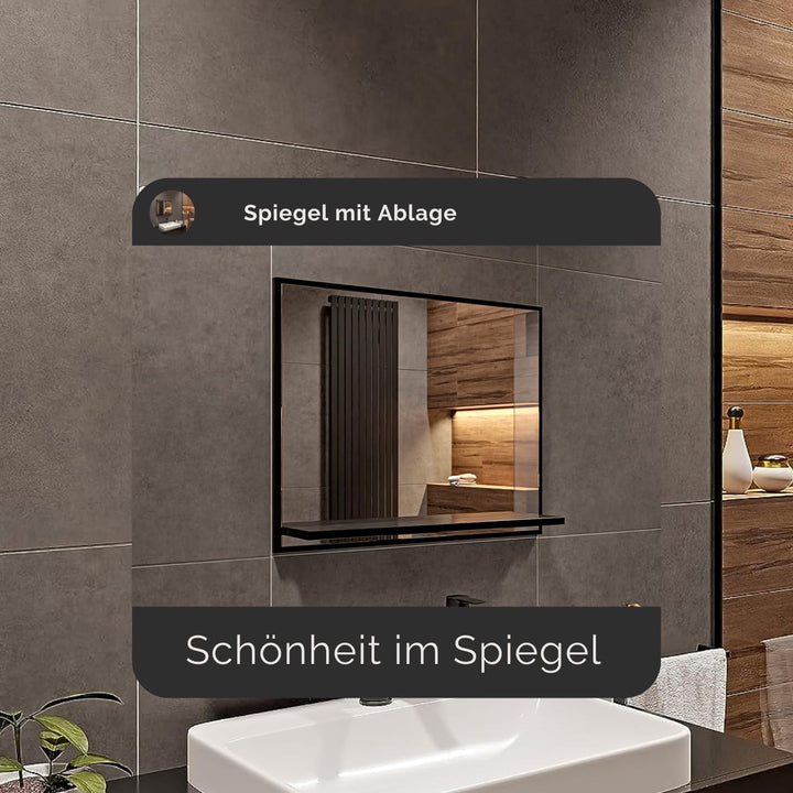Badspiegel mit Ablage Schwarz - H:50 x B: 60 cm - Bathroom Mirror – Wandspiegel mit Regal – Badezimm